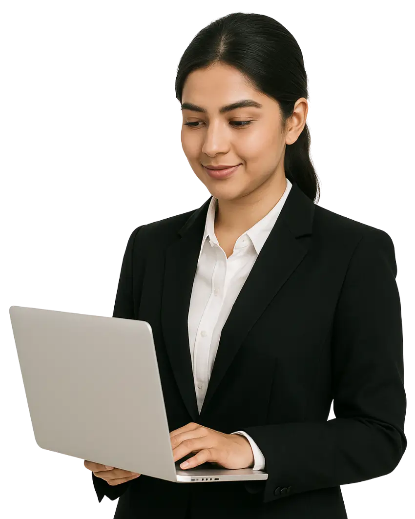 A woman with black hair and a bright complexion, wearing a black coat, is standing and holding an open laptop while smiling at the screen.